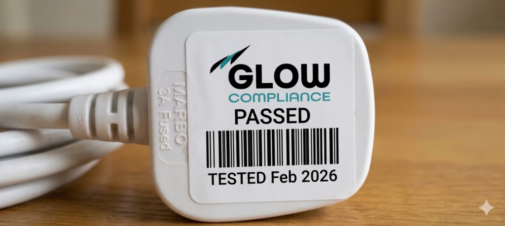 Glow Compliance PASSED sticker for PAT testing holiday let Devon properties on a white appliance plug.